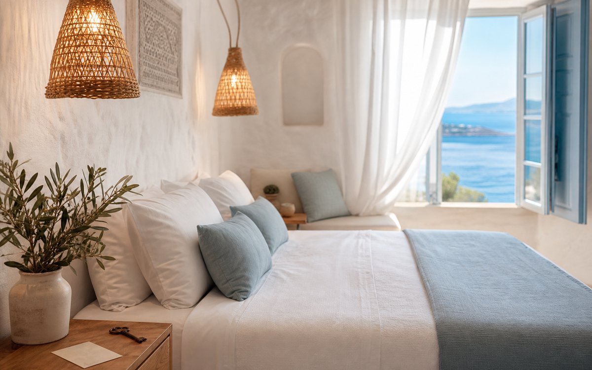 Φωτεινό δωμάτιο Airbnb σε ελληνικό νησί με θέα το Αιγαίο